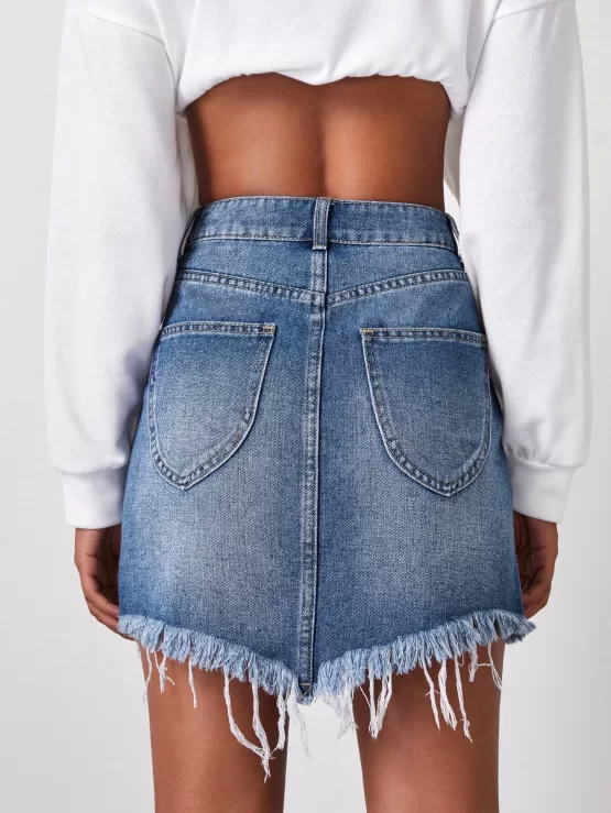 Asymmetrical Raw Hem Denim Skirt - Image 2