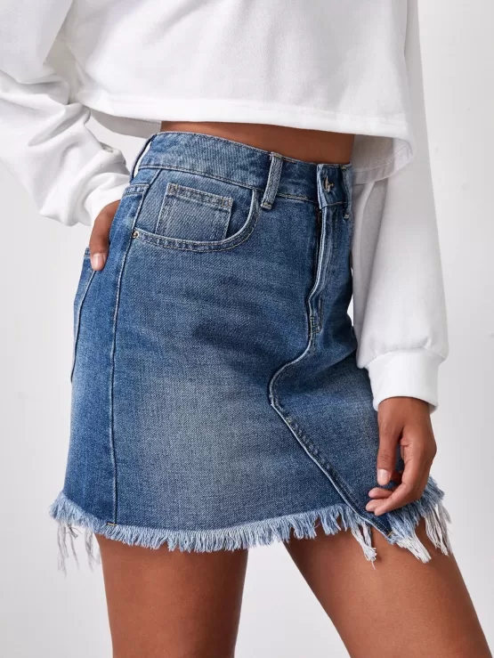 Asymmetrical Raw Hem Denim Skirt - Image 3