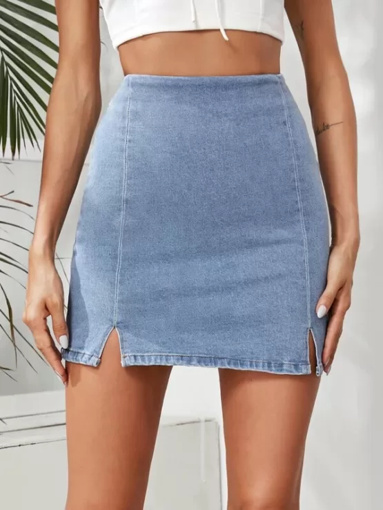 Denim Slit Bodycon Mini Skirt - Image 2