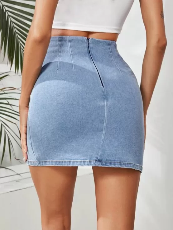 Denim Slit Bodycon Mini Skirt - Image 3