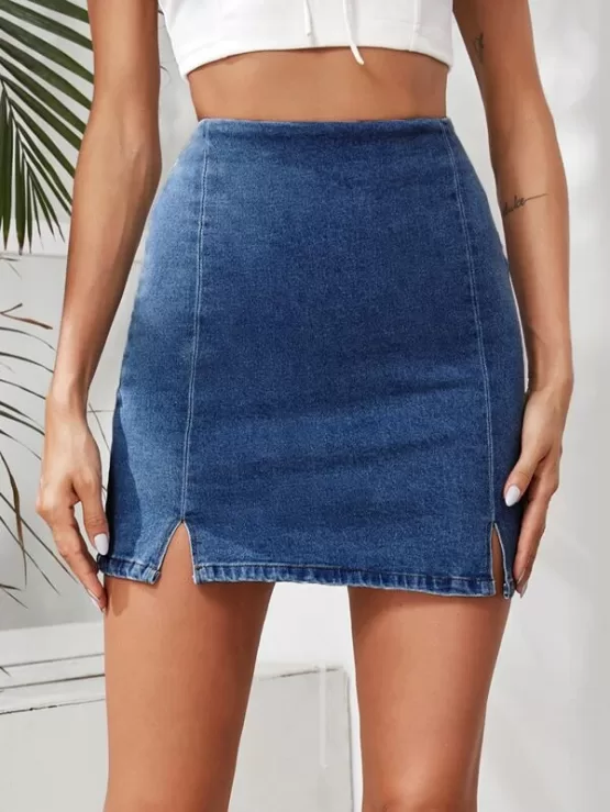 Denim Slit Bodycon Mini Skirt - Image 4