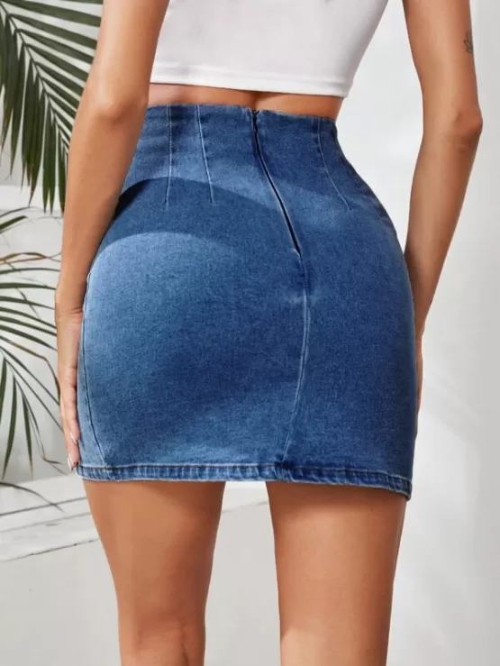 Denim Slit Bodycon Mini Skirt - Image 6