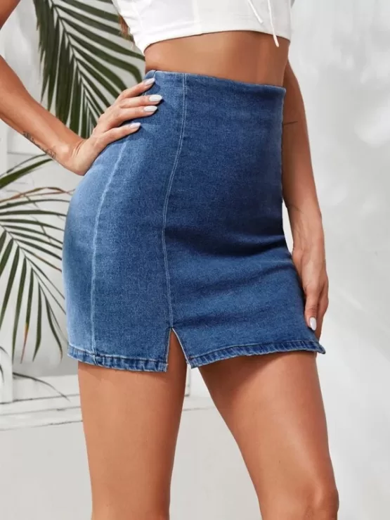 Denim Slit Bodycon Mini Skirt - Image 5