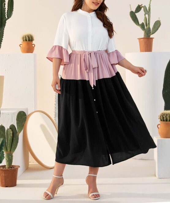 Plus Bell Sleeve Colorblock Belted Dress