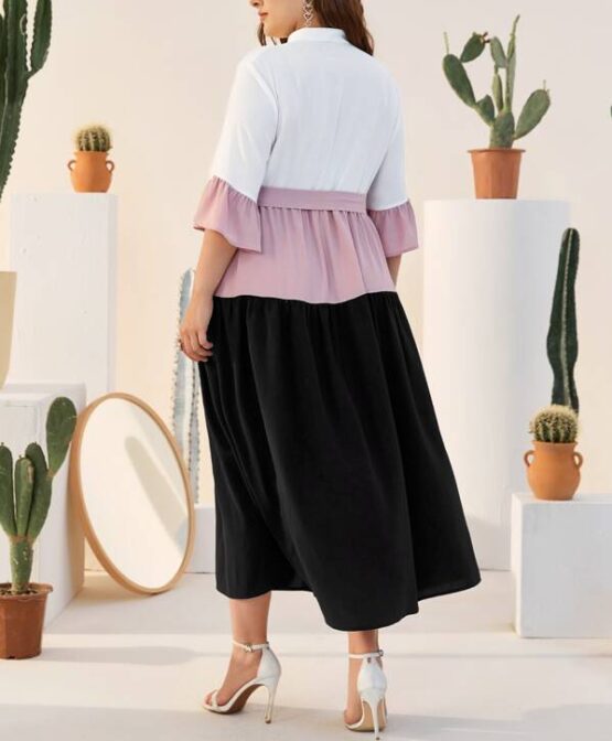 Plus Bell Sleeve Colorblock Belted Dress - Image 2