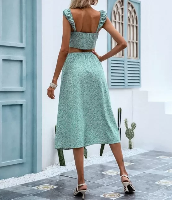 Ditsy Floral Bardot Top & Split Thigh Skirt Set - Image 2