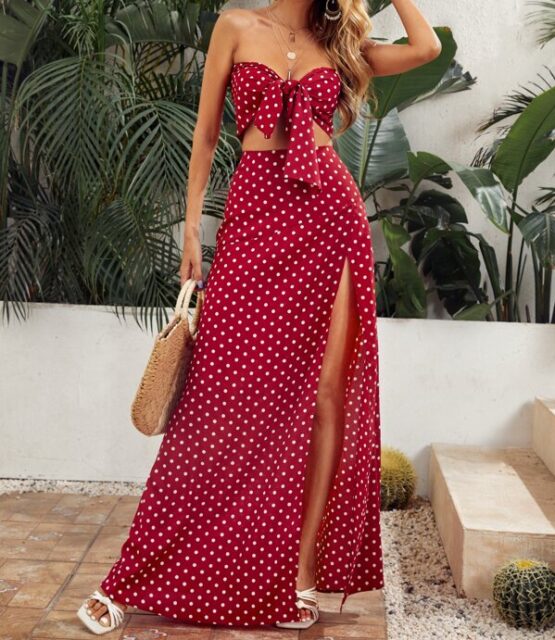Polka Dot Tie Front Crop Tube Top & Split Thigh Skirt Set - Image 2