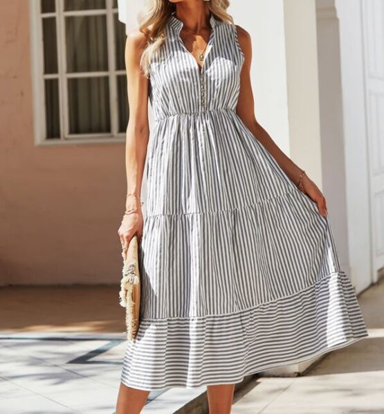Striped Print Notched Neck A-line Dress - Image 8