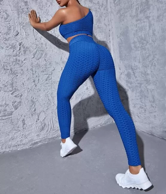 One Shoulder Cut Out Textured Sports Sets - Image 3