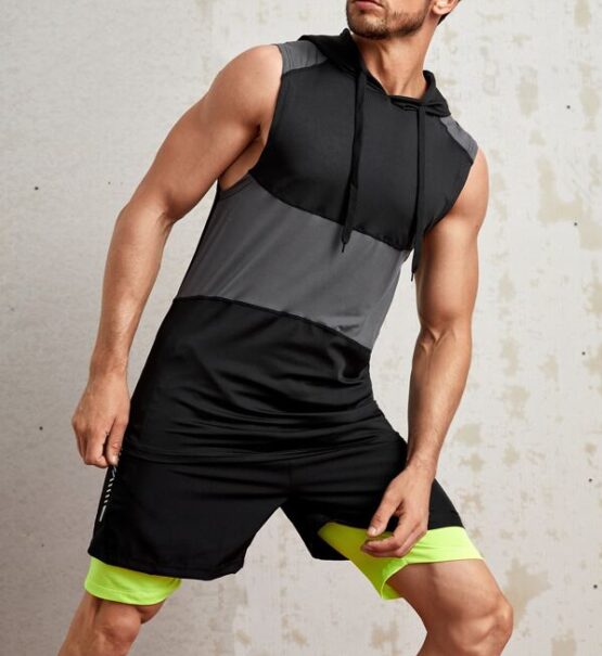 Men Colorblock Drawstring Hooded Sports Tank Top