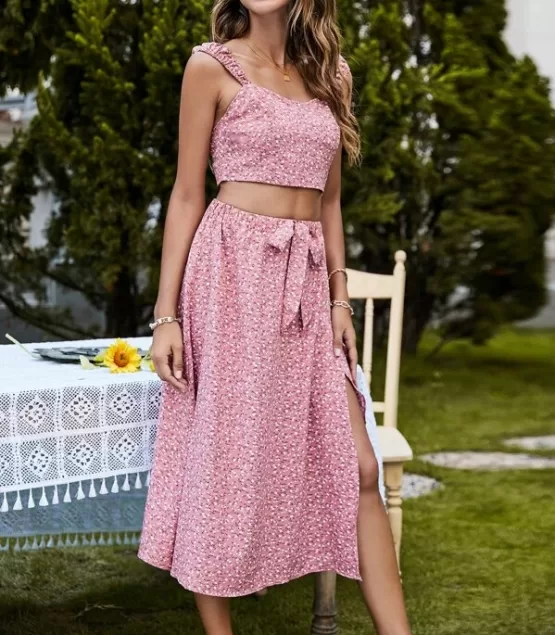 Ditsy Floral Bardot Top & Split Thigh Skirt Set - Image 9