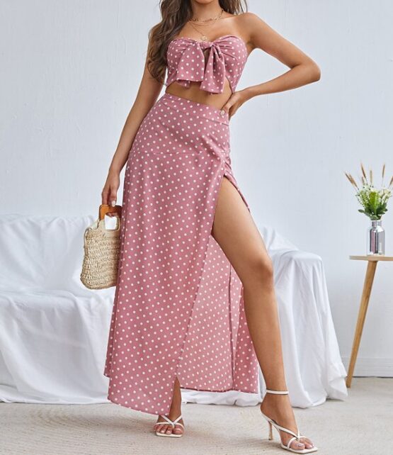 Polka Dot Tie Front Crop Tube Top & Split Thigh Skirt Set - Image 4