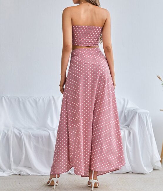 Polka Dot Tie Front Crop Tube Top & Split Thigh Skirt Set - Image 6