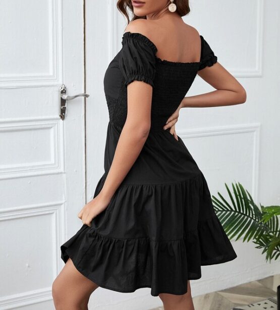 Off Shoulder Shirred Ruffle Hem Dress - Image 2
