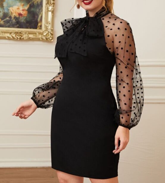 Plus Tie Neck Dobby Mesh Raglan Sleeve Dress
