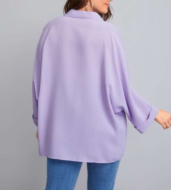 Plus Solid Batwing Sleeve Button Through Blouse - Image 3