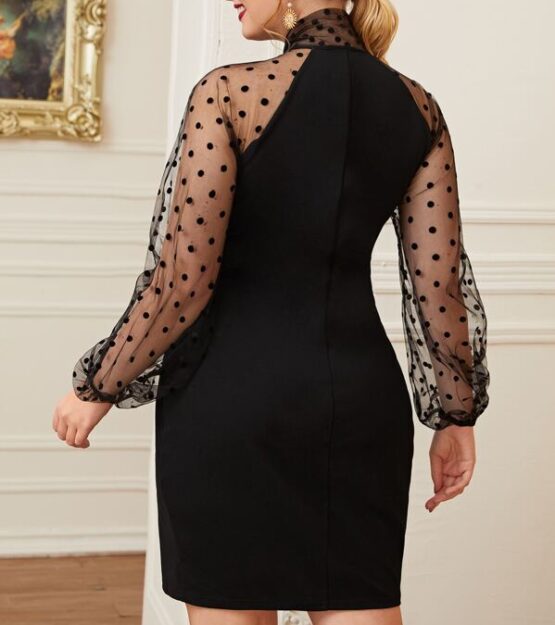 Plus Tie Neck Dobby Mesh Raglan Sleeve Dress - Image 2