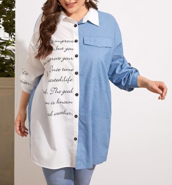 Plus Slogan Graphic Rolled Tab Sleeve Longline Blouse