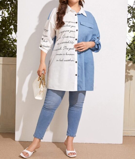 Plus Slogan Graphic Rolled Tab Sleeve Longline Blouse - Image 3