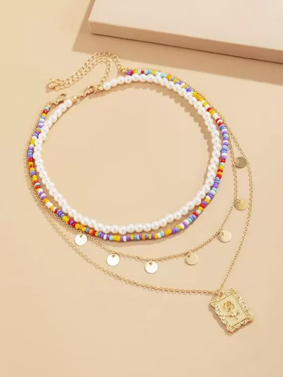 2pcs Disc Charm Faux Pearl Beaded Necklace - Image 2