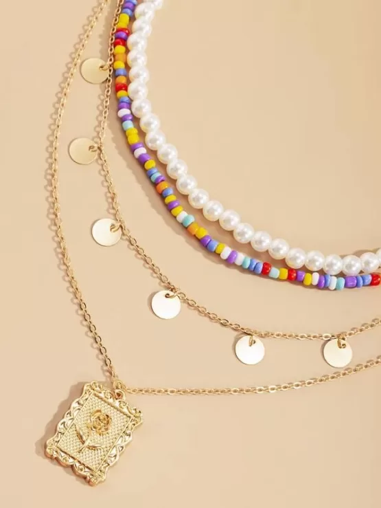 2pcs Disc Charm Faux Pearl Beaded Necklace - Image 3