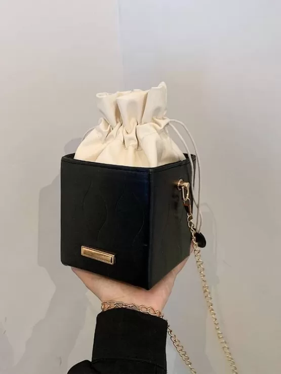Drawstring Chain Black Decor Bucket Bag - Image 3