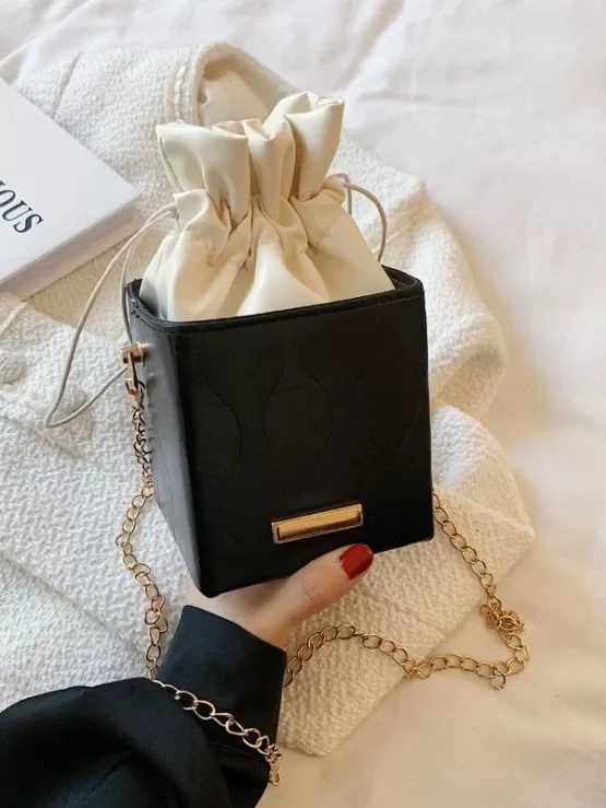 Drawstring Chain Black Decor Bucket Bag