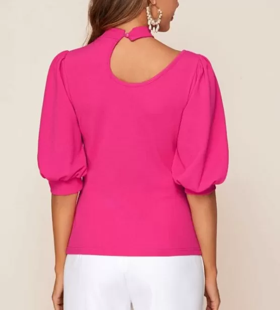Neon Pink Cutout Detail Puff Sleeve Top - Image 2