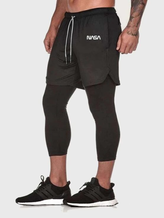 Men Letter Graphic Drawstring 2 In 1 Yoga Leggings - Image 2