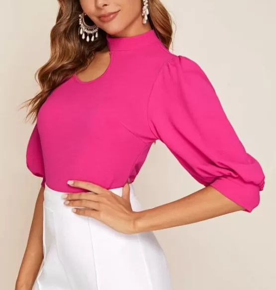 Neon Pink Cutout Detail Puff Sleeve Top - Image 3