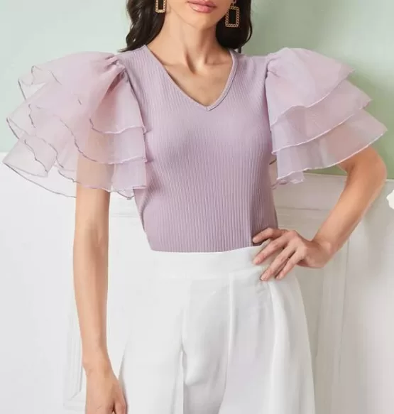 Sheer Organza Layered Sleeve Rib-knit Top
