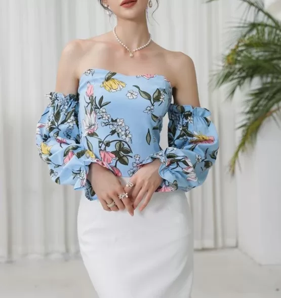 Off-shoulder Floral Print Shirred Blouse - Image 8