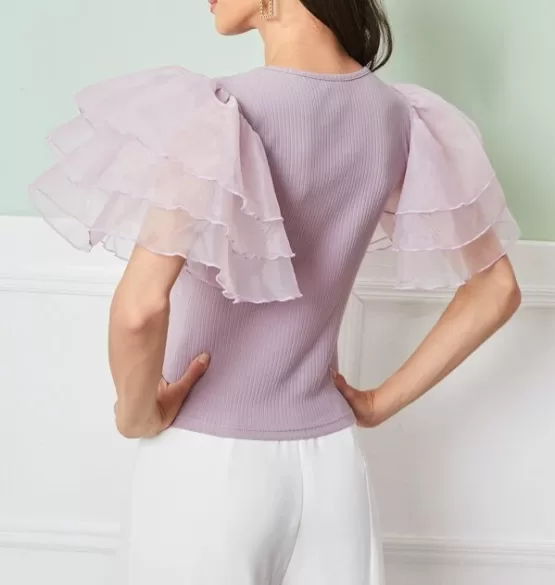 Sheer Organza Layered Sleeve Rib-knit Top - Image 2