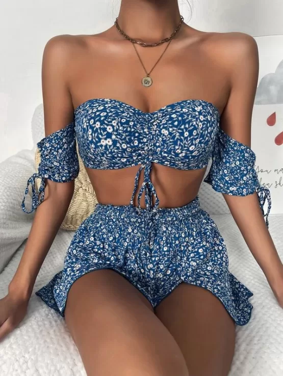 Allover Floral Print Off Shoulder Drawstring Ruched Crop Top & Elastic Waist Shorts Set
