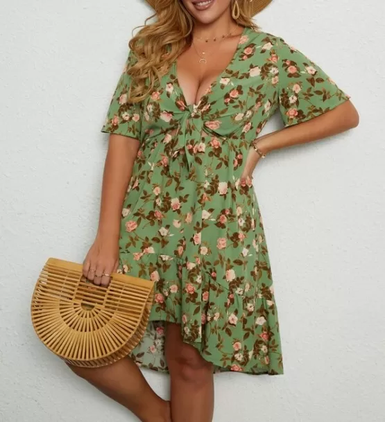Plus Floral Print Tie Front Plunging Neck Dress
