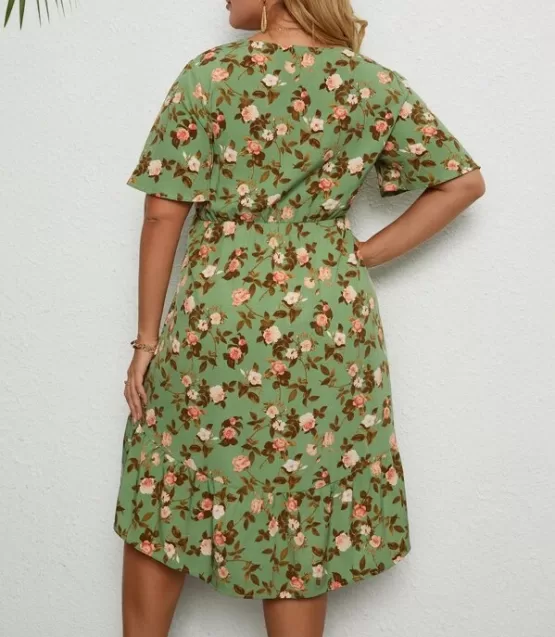 Plus Floral Print Tie Front Plunging Neck Dress - Image 2