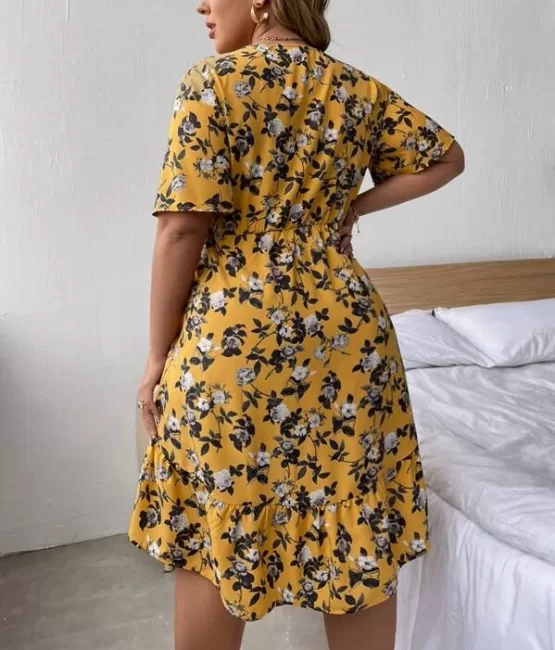 Plus Floral Print Tie Front Plunging Neck Dress - Image 5