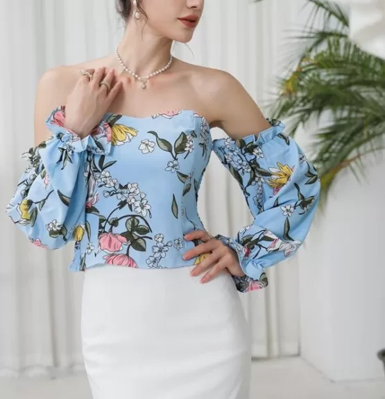 Off-shoulder Floral Print Shirred Blouse - Image 7
