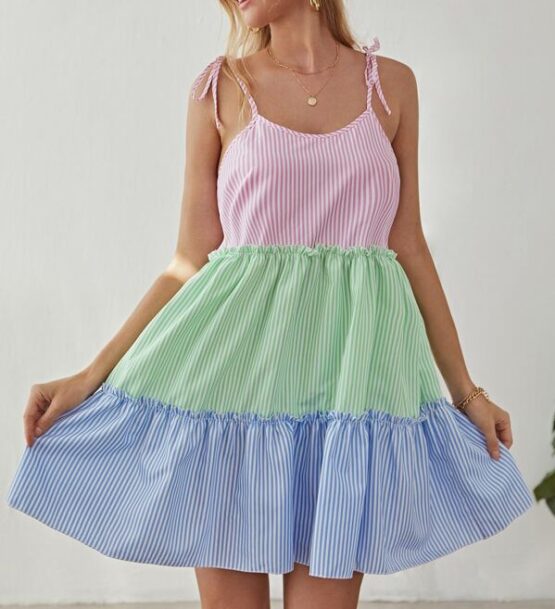 Knot Shoulder Colorblock Striped Cami Dress