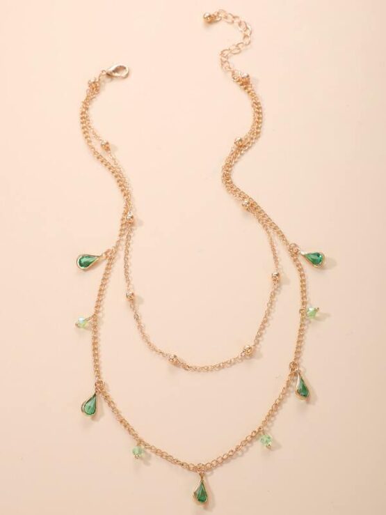 Rhinestone Water Drop Tassel Layered Necklace - Image 2