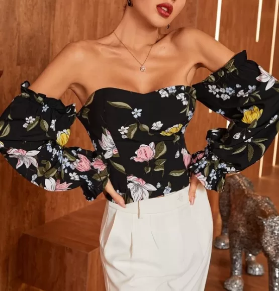Off-shoulder Floral Print Shirred Blouse