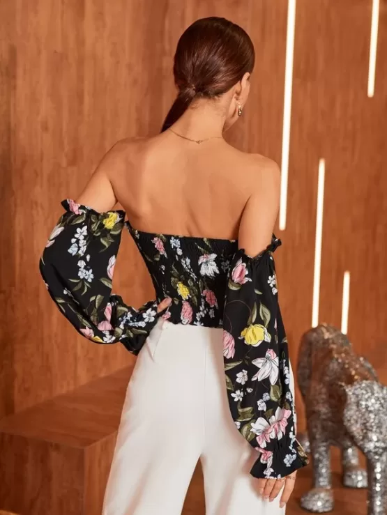 Off-shoulder Floral Print Shirred Blouse - Image 2