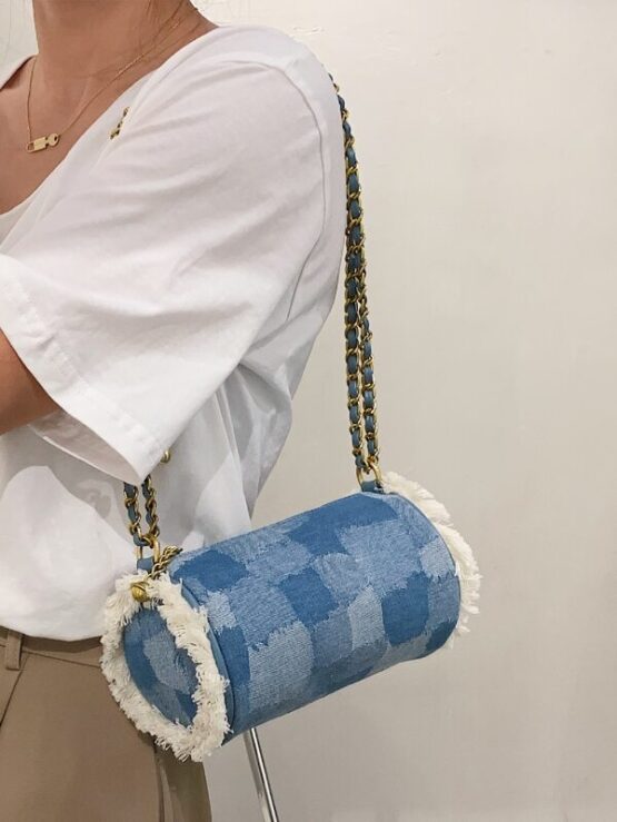 Frill Trim Patchwork Denim Shoulder Bag