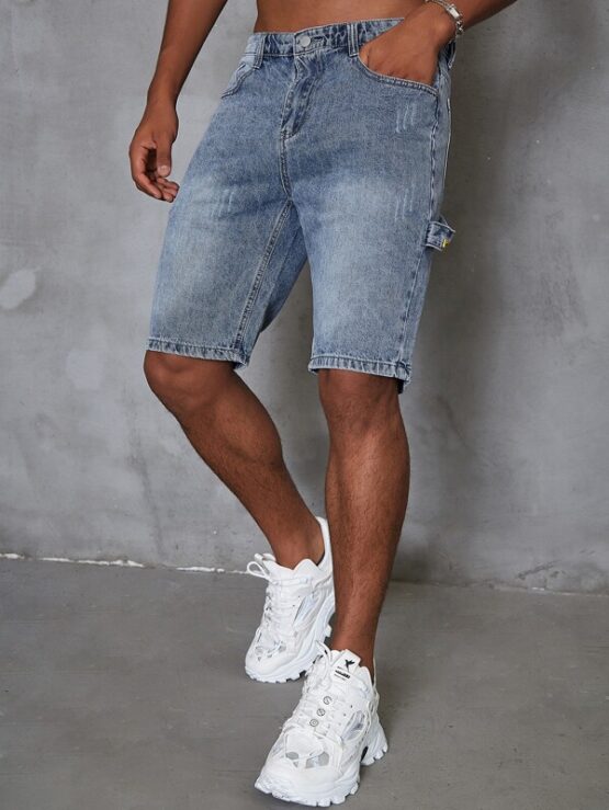 Men Zipper Fly Patched Detail Denim Shorts