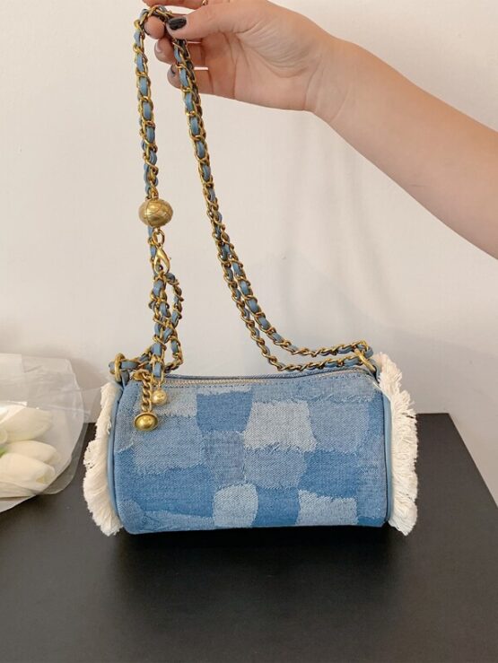 Frill Trim Patchwork Denim Shoulder Bag - Image 2
