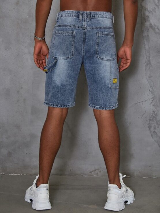 Men Zipper Fly Patched Detail Denim Shorts - Image 2