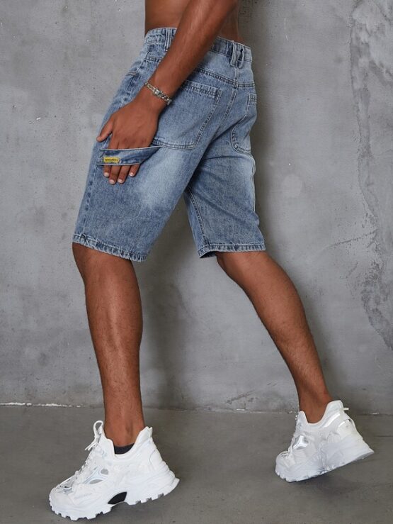 Men Zipper Fly Patched Detail Denim Shorts - Image 3