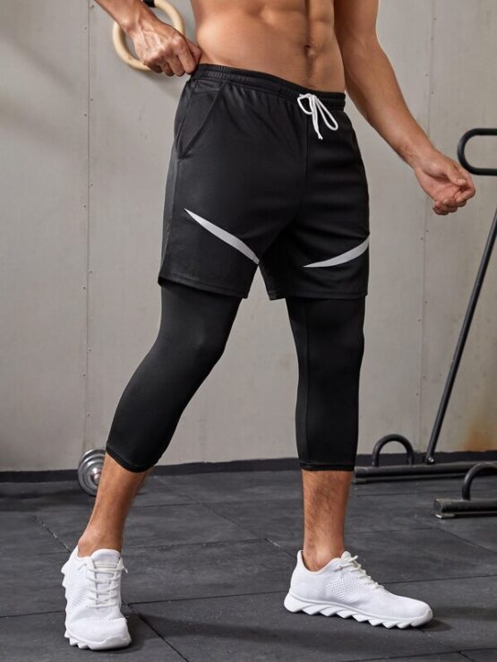 Men Color Block Drawstring Waist 2 In 1 Capri Sport Tights