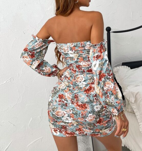 Floral Print Off Shoulder Ruched Drawstring Front Dress - Image 2