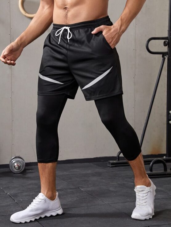 Men Color Block Drawstring Waist 2 In 1 Capri Sport Tights - Image 3